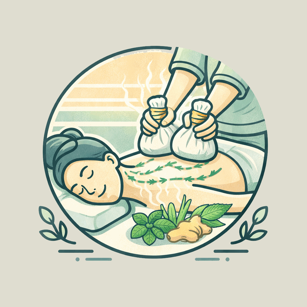 นวดลูกประคบสมุนไพร – ลูกประคบอุ่นบนร่างกาย